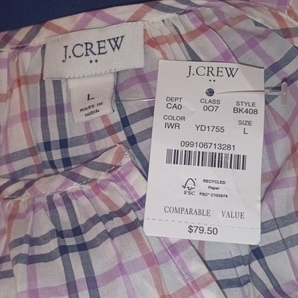 🆕J.CREW Plaid Ruffle Trim Peasant Top Blouse Ivory Pink Blue Eyelet Size Large - Picture 6 of 9